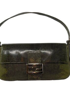 Fendi Green Exotic Skin Baguette Bag with Silver FF Closure
